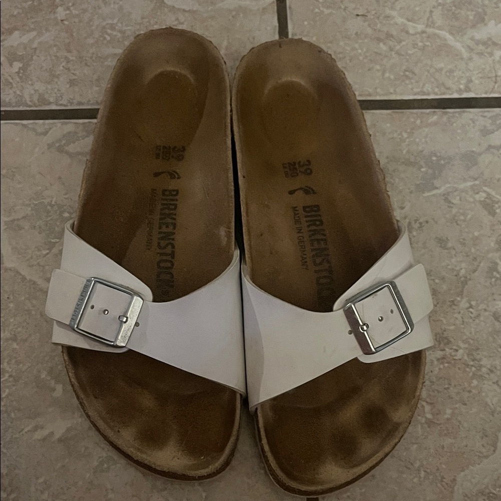 Birkenstock White Slides with Silver Buckle
